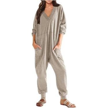 Imagem de Macacão Casual Feminino Manga Longa Macacão Decote V Verão Calças Soltas Terno Macacão Algodão Liso Calças De Trabalho De Uma Peça Com Bolsos Jardineiras, khaki, XXL