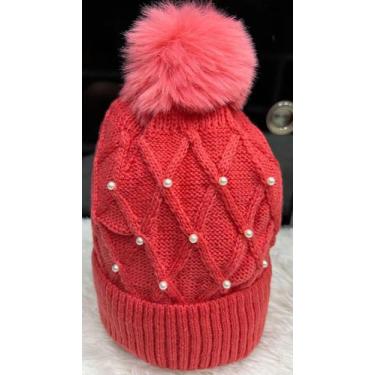 Imagem de Touca de Inverno com Pelúcia Feminina com Pompom e Perolas Touca Quent