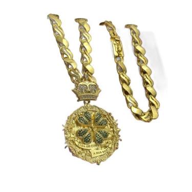 Imagem de Cordão Friso S 12Mm + Pingente Trevo - Banhado A Ouro 18K - Tojoia18K