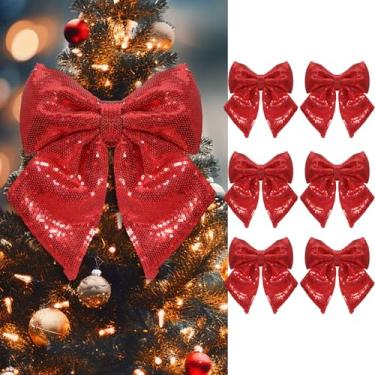 Imagem de Giegxin 6 peças grandes laços de Natal com glitter 24 cm grinaldas de lantejoulas laços enfeites de árvore de Natal topo de árvore decoração de laço para decoração de festa de Natal da porta da frente