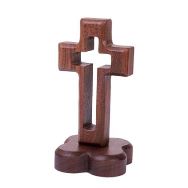 Imagem de Ioensy Cruz de madeira em suporte, lembrancinha religiosa, cruz de mesa para capela, escritório, prateleira, decoração de mesa, Base de Flor