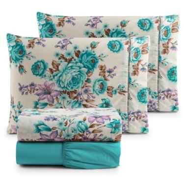 Imagem de LençOl Casal Com Elastico Conjunto De Roupa De Cama,Jogo De LençOl 100% AlgodãO Ponto Palito Estampado 1.98 * 1.58cm (FLORAL TIFANNY)