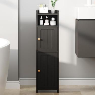 Imagem de BEWISHOME Armário de banheiro pequeno, armário de armazenamento de banheiro com prateleiras ajustáveis e 2 portas, armários estreitos de papel higiênico, 20 x 19 x 80 cm, para espaços pequenos, preto