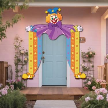 Imagem de WADORN Pano de fundo de decoração de festa com tema de palhaço de circo, faixa de porta de palhaço de carnaval de 16 x 15 m, fundo colorido para fotografia com tema de coringa para material de festa
