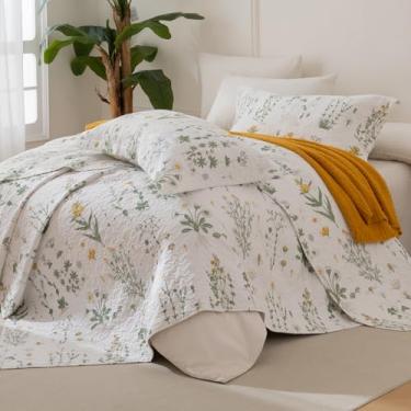 Imagem de Lady Ann Colchas King extragrandes 128 x 120, conjunto de cama de algodão California King, estampa floral amarela e folhas verdes, conjunto de colcha cottagecore chique, 3 peças