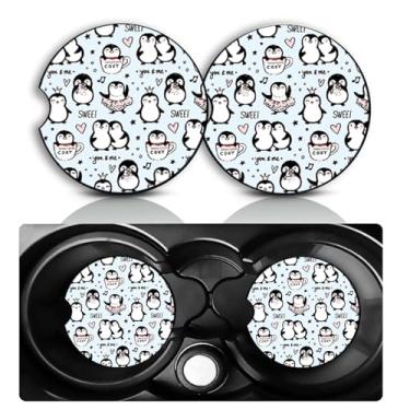 Imagem de Conjunto de 2 porta-copos de carro pinguim – Acessórios divertidos para carro pinguim, tamanho universal, tapete de borracha antiderrapante, porta-copos embutidos, decoração pinguins, presentes para