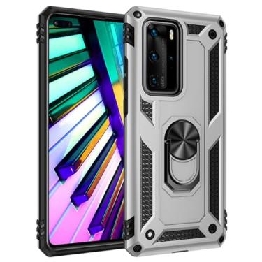 Imagem de SORAKA Capa para Huawei P40 Pro com suporte de anel de metal, capa à prova de choque, borda de silicone macio, capa traseira rígida de policarbonato com placa de metal para suporte magnético de