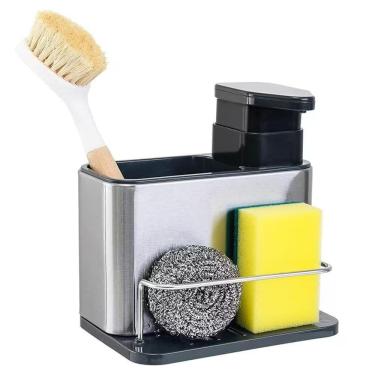 Imagem de Porta Sabão Aço Inox 3X1 Dispenser Detergente Bucha Esponja