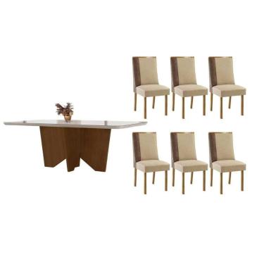 Imagem de Conjunto Sala de Jantar Nevada c/ Tampo Madeirado c/ Vidro Canto Curvo 180x90cm e 6 Cadeiras Tilia Madeira Maciça Naturale/Off White - Capuccino/Linho