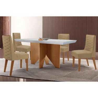 Imagem de Conjunto Sala de Jantar Nevada c/ Tampo Madeirado c/ Vidro Canto Curvo 120x80cm e 4 Cadeiras Dafne Madeira Maciça Naturale/Off White - Capuccino/Linho