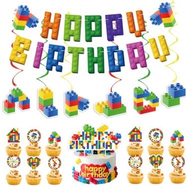 Imagem de Blocos de construção coloridos para decoração de festa com tema de aniversário, faixa de feliz aniversário, tijolos de brinquedo para pendurar redemoinhos e topos de bolo para suprimentos de festa