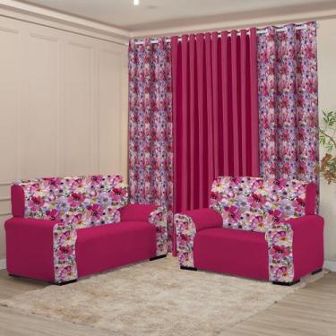 Imagem de Kit Sala Completo Cortina 3M Capa Sofá 2 e 3 lugar Coladinha Mista Dec