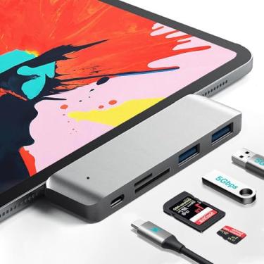Imagem de Adaptador para iPad USB C Hub, adaptador USB C 5 em 1 com 2 x 5 Gbps USB 3.0, carregamento PD de 60 W, leitor de cartão SD/Micro SD para iPad Pro M4 M2 M1 13 12,9 11 polegadas iPad Air 5 4 base para