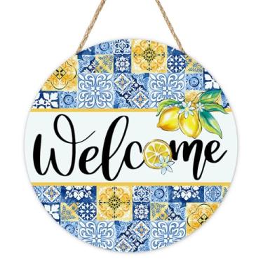 Imagem de Bolisom Placa de boas-vindas para porta da frente com estampa de azulejo azul limão, italiana, capri, citrino, cabide de madeira para varanda ao ar livre, decoração de casa, guirlanda de madeira