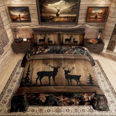 Imagem de Erosebridal Conjunto de cama rústico de campo, caça, veado, casa de fazenda, floresta, animal, edredom para crianças, meninos, adolescentes, homens, galhos de árvores, camuflagem, vida selvagem, 3