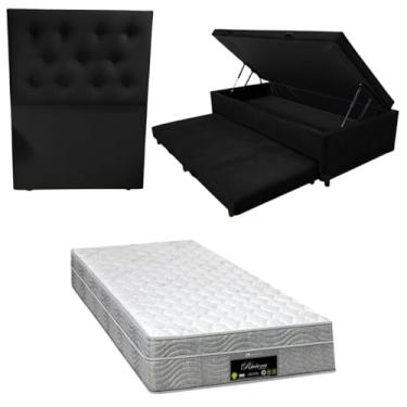 Imagem de Cama Box Baú Solteiro com Auxiliar (Bicama) + Colchão RivIera Molas Ensacadas 25cm | Kit Completo com Cabeceira Botonê Opcional | Diversas Cores (3, SUEDE PRETO, COM CABECEIRA)