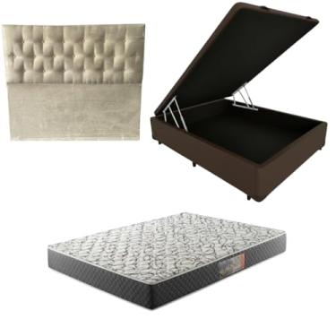 Imagem de Cama Box Baú Blindada com Colchão de Espuma D33 20cm + Cabeceira Botonê (CORINO MARROM, Casal)