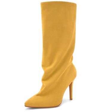 Imagem de Perisis Botas femininas despojadas cano médio pretas longas de puxar salto agulha bico fino botas de tubarão para mulheres sexy moda, Camurça amarela, 41