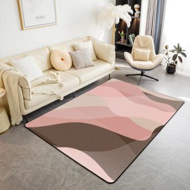Imagem de Erosebridal Tapetes de sala de estar rosa e marrom, tapetes geométricos abstratos para meninas 3x5, tapete ombré retrô rosa marrom ondulado para mulheres adolescentes adultas, conjunto de tapetes modernos para sala de estar lavanderia