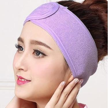 Imagem de Faixa de cabelo feminina macia para spa facial ajustável, elástica, esportiva, lavagem de banho, maquiagem facial, roxa, 61 x 8,5 cm