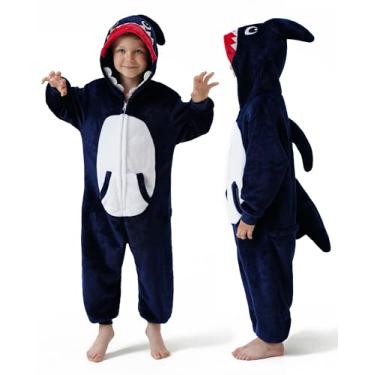 Imagem de DILUFUN Fantasia infantil de tubarão para meninos e meninas, pijama de uma peça, macacão de animal engraçado de Halloween, fantasia cosplay para dormir, tubarão DB 3-4T
