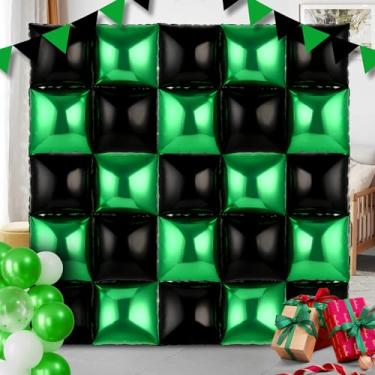 Imagem de SUPXYC 25 peças de fundo de parede de balões quadrados pretos verdes, parede de balão quadrado verde, fundo de parede de balão quadrado de festa, pano de fundo de balões de alumínio dupla face para