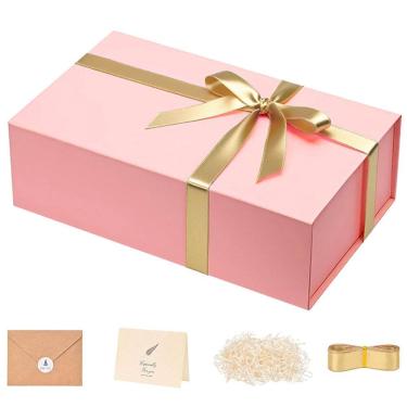 Imagem de Caixa de presente de papelão rosa elegante com fita dourada 20x18x9cm
