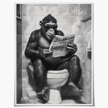 Imagem de Macaco animal safári no banheiro lendo jornal usando óculos de sol fumando charuto engraçado banheiro arte de parede humor sinal de banheiro decoração de tela universal 28 x 35 cm sem moldura