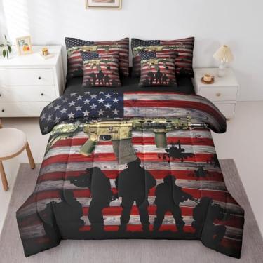 Imagem de Erosebridal Jogo de cama com tema militar de 7 peças, bandeira americana, temática militar, rifle do exército, metralhadora e edredom