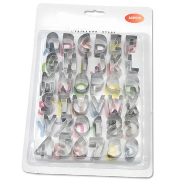 Imagem de Conjunto de 36 peças de aço inoxidável do alfabeto de cortadores de biscoito, fondant de letras de 7,5 cm e inclui escova de limpeza, ideal para decoração e bolos, biscoitos para artesanato