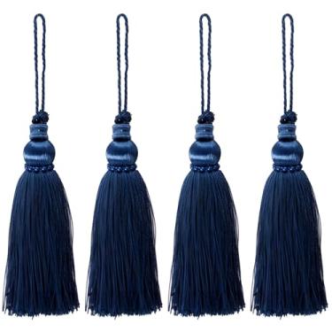Imagem de 4 peças de borlas azuis escuras feitas à mão com cordão e laço para pendurar, borlas de seda para cortinas, ventiladores e decoração de casa