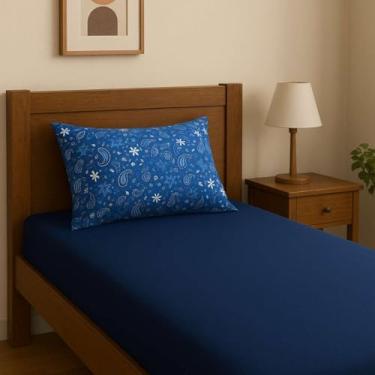 Imagem de Jogo de Lençol Teka Diamante 2 Peças Solteiro com Elástico (Azul Marinho Fronha Folhas)