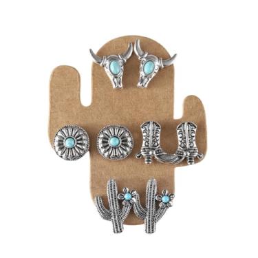 Imagem de Conjunto de 5 pares de brincos estilo cowgirl ocidental, turquesa, vintage, boêmio, retrô, delicado, caubói, joias femininas, Zinco, Sem pedra preciosa