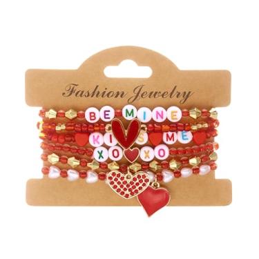 Imagem de VIRAVENTO Pulseira de Dia dos Namorados para mulheres, empilhável, elástica, contas vermelhas, conjunto de pulseiras da amizade, coração, dia dos namorados, acessórios de joias, adjustable, corda, Sem
