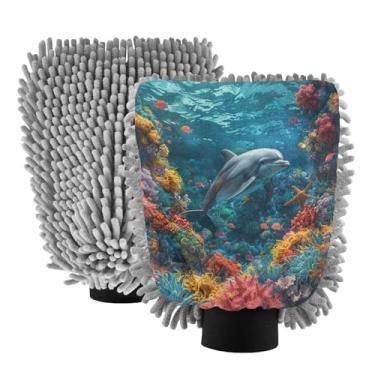 Imagem de Blueangle Pacote com 2 luvas coloridas para lavagem de carro de recifes de coral - luvas de microfibra de chenille para lavagem de carro sem arranhões e limpeza doméstica, luva de detalhe automático