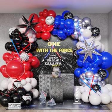 Imagem de Kit de arco de guirlanda de balões Galaxy Wars, 151 peças, azul real, vermelho, preto, branco, prata, balões para o universo, estrela, aniversário, um com a força, decorações de festa (vermelho azul)
