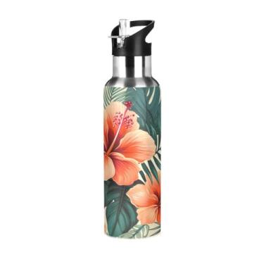 Imagem de Wassud Garrafa de água esportiva de aço inoxidável com canudo garrafas de água com isolamento de palha, copo de viagem portátil com padrão floral vermelho 623 g