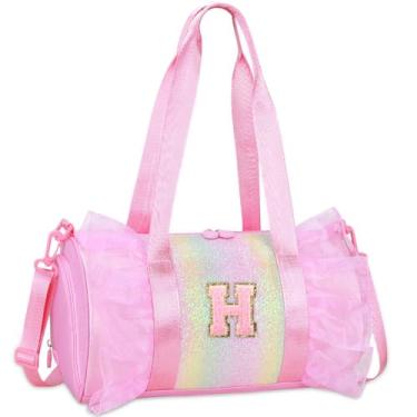Imagem de RHCPFOVR Bolsa de dança com monograma personalizada para meninas – Mochila Oxford leve resistente à água para crianças de 3 a 8 anos para balé líder de torcida festa do pijama ginástica rosa H
