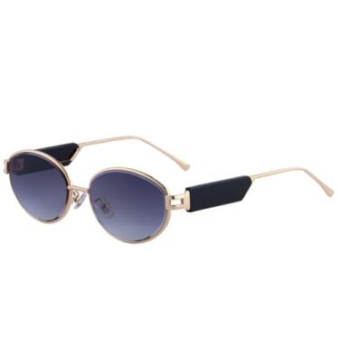 Imagem de JRLLFD Óculos de sol femininos ovais pequenos de metal de luxo, moda punk, masculino, para dirigir ao ar livre, UV400 (cinza com degradê dourado)