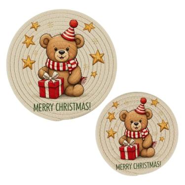 Imagem de Wassud Conjunto de trivet de urso de Natal para pratos quentes, suportes redondos de algodão, almofadas quentes, porta-copos elegantes, decoração de cozinha e acessórios, 2 peças