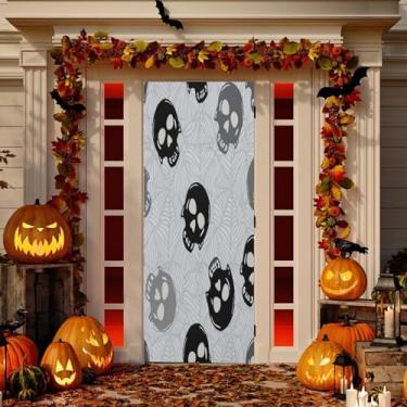 Imagem de Wassud Capa de porta com caveiras pretas e cinzas, decoração para ambientes externos e internos, decoração de varanda e casa grande 96 x 98 polegadas