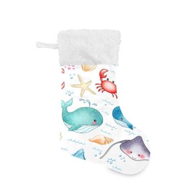 Imagem de Wassud Meia fofa de Natal com punho branco, animais marinhos fofos, 45,7 cm, grande, para decoração de lareira e cornija, pacote com 2