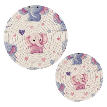 Imagem de Wassud Lindo conjunto de trivet de elefantes coloridos para pratos quentes, suportes redondos de algodão, almofadas quentes, porta-copos elegantes, decoração de cozinha e acessórios, 2 peças