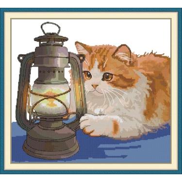 Imagem de CrossNest Kit de ponto cruz com contagem de animais de 14 quilates para iniciantes, conjunto completo de bordado DIY não impresso com padrão e ferramentas, pano Aida premium e fios (o gato laranja e a