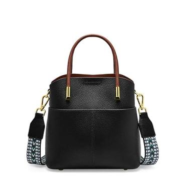 Imagem de zency Bolsa feminina transversal de couro genuíno com duas alças de ombro, vários bolsos, Preto, Medium