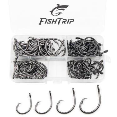 Imagem de FishTrip Ganchos circulares de água salgada, 80 ganchos de pesca em linha, 5 x fortes para peixe-gato, preto/aço de alto carbono/não deslocado/olho fechado/abertura larga para robalo listrado salmão 3