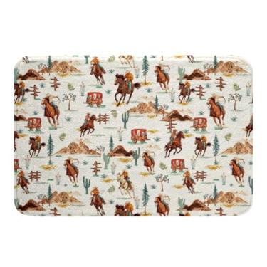 Imagem de Tapete de banheiro Western Horse 40,6 cm x 60,98 cm para meninos e meninas, crianças, estampa de cavalo de fazenda, tapetes de banho rústicos de caubói, cacto do deserto, vaqueira, vida selvagem,