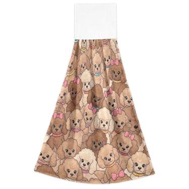 Imagem de Toalhas de mão fofas Poodles marrom bege com laço para pendurar toalhas de gravata de banheiro ultra absorventes conjunto de 2, toalha de mão de cozinha fofa 18,2 x 14 polegadas