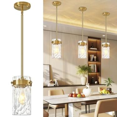 Imagem de Vaziden Luminária pendente de vidro martelado de 12 cm para ilha de cozinha, 1 pacote, luminárias pendentes modernas de ouro escovado, luminária de teto ajustável para cozinha, ilha, sala de jantar