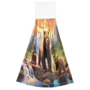 Imagem de Toalhas de mão de paisagem de ursos pardos com laço para pendurar no forno conjunto de 2 toalhas de cozinha e casa fofas altamente absorventes, 46 x 35 cm